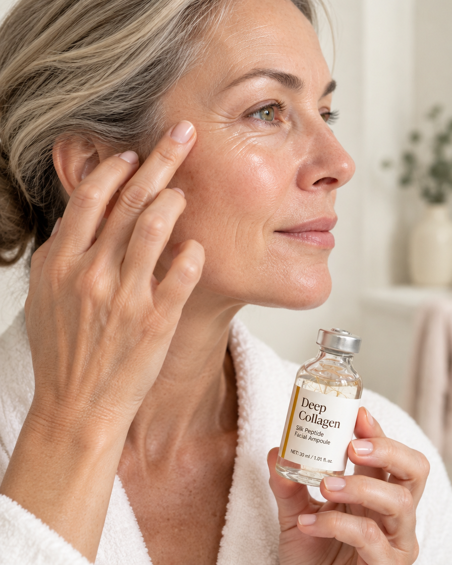 Woman pressing serum into the lines beside her eye while holding the Golden Lift ampoule